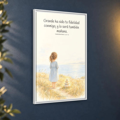 Grande ha sido tu fidelidad, Señor — Lienzo Cristiano Enmarcado | Lamentaciones 3:22-23 — 24×36 pulgadas, marco blanco, vista angular ambiental del marco flotante, escala física calibrada