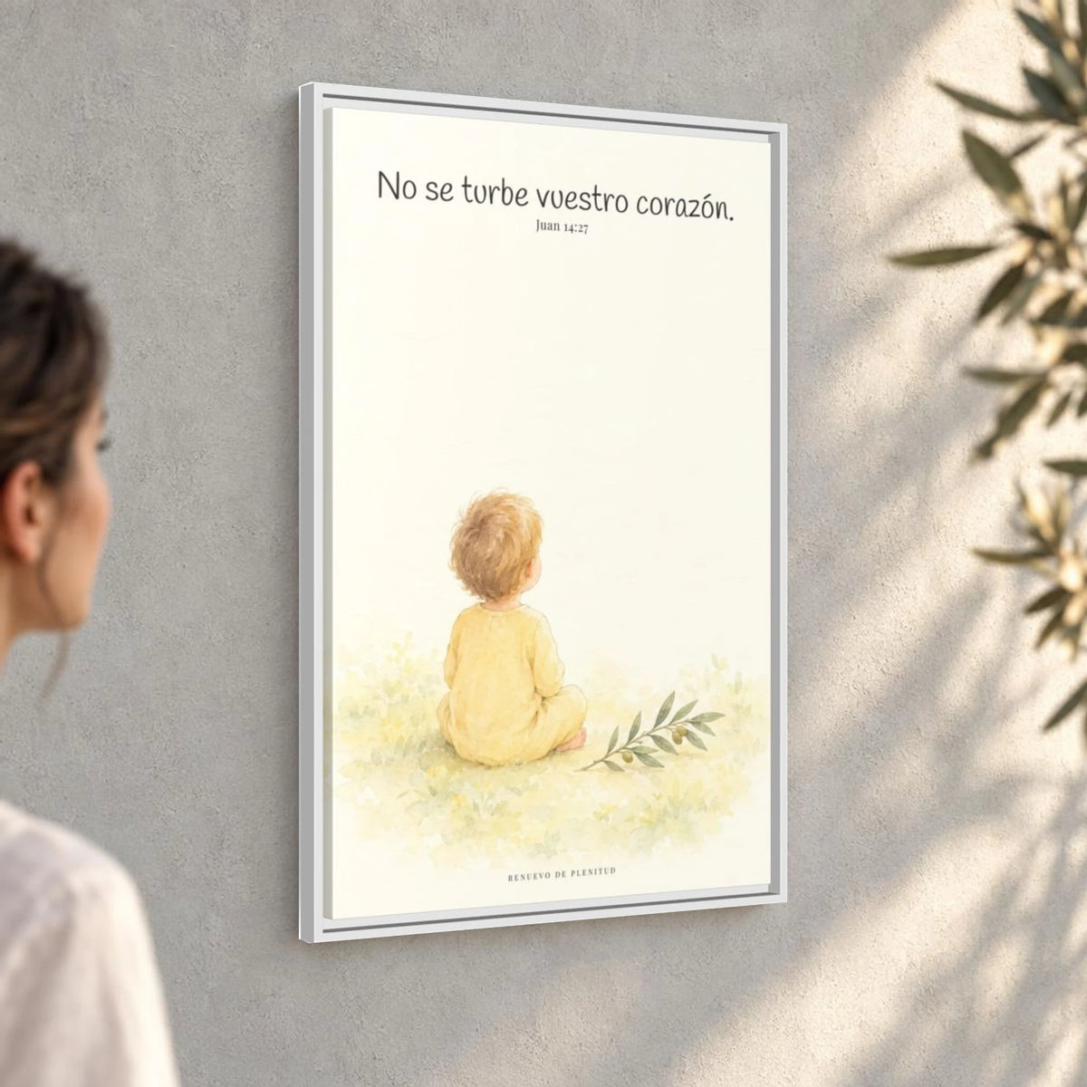 No se turbe vuestro corazón — Lienzo Cristiano Enmarcado | Juan 14:27 — 24×36 pulgadas, marco blanco, vista angular ambiental del marco flotante, escala física calibrada