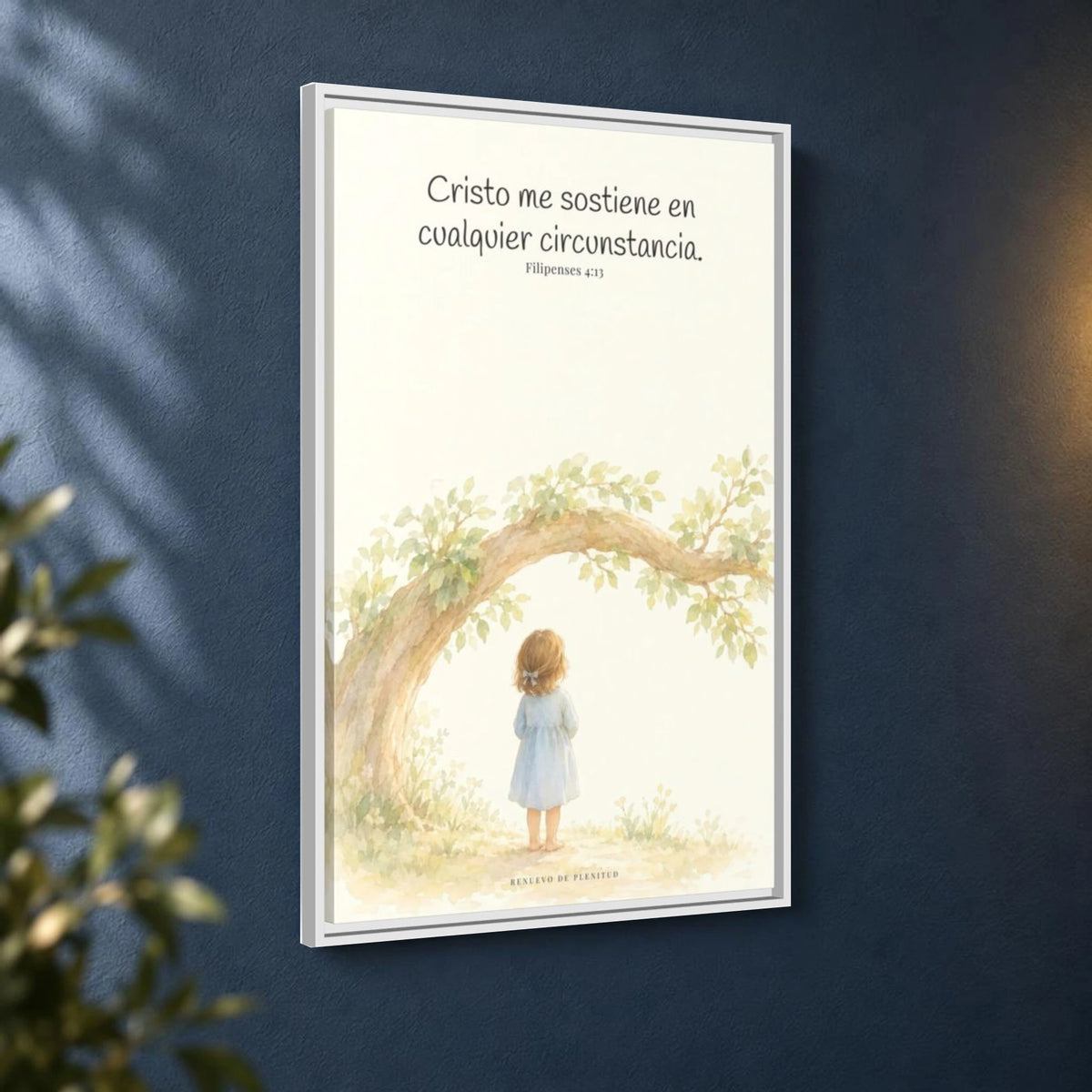 Cristo me sostiene en cualquier circunstancia — Lienzo Cristiano Enmarcado | Filipenses 4:13 — 24×36 pulgadas, marco blanco, vista angular ambiental del marco flotante, escala física calibrada