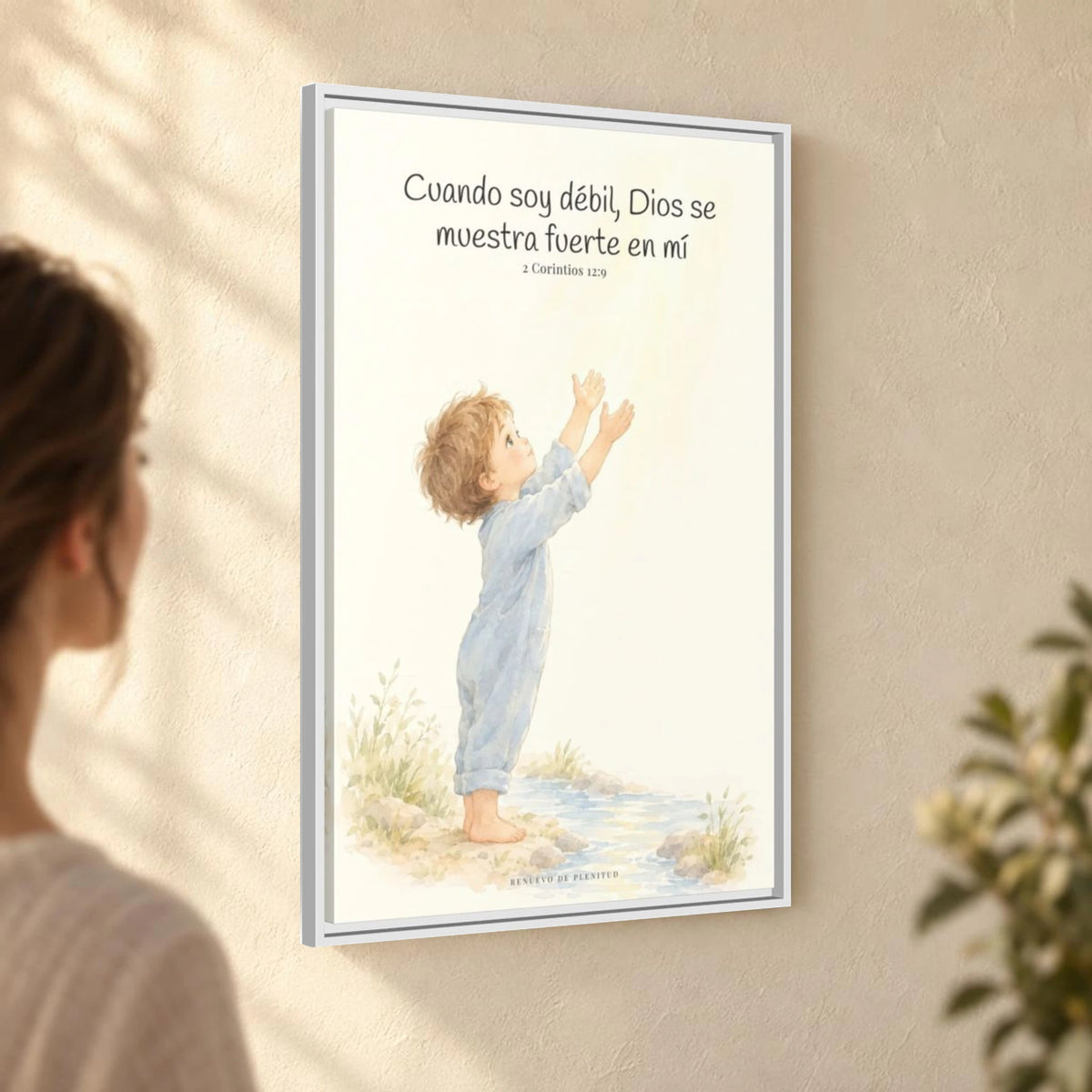 En mi debilidad Dios se muestra fuerte | Arte cristiano enmarcado | 2 Corintios 12:9 — 24×36 pulgadas, marco blanco, vista angular ambiental del marco flotante, escala física calibrada