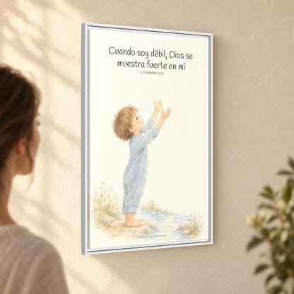 En mi debilidad Dios se muestra fuerte | Arte cristiano enmarcado | 2 Corintios 12:9 — 24×36 pulgadas, marco blanco, vista angular ambiental del marco flotante, escala física calibrada