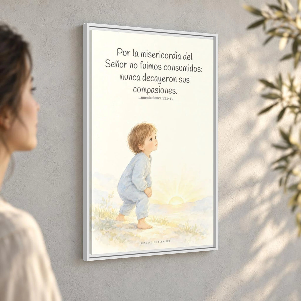 Por la misericordia de Jehová no fuimos consumidos — Lienzo Cristiano Enmarcado | Lamentaciones 3:22-23 — 24×36 pulgadas, marco blanco, vista angular ambiental del marco flotante, escala física calibrada