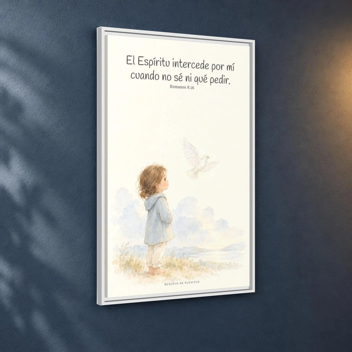 El Espíritu ora por mí cuando no tengo palabras — Lienzo Cristiano Enmarcado | Romanos 8:26 — 24×36 pulgadas, marco blanco, vista angular ambiental del marco flotante, escala física calibrada