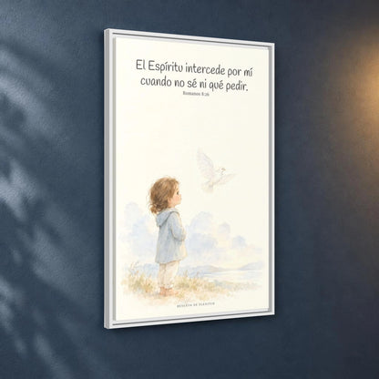 El Espíritu ora por mí cuando no tengo palabras — Lienzo Cristiano Enmarcado | Romanos 8:26 — 24×36 pulgadas, marco blanco, vista angular ambiental del marco flotante, escala física calibrada