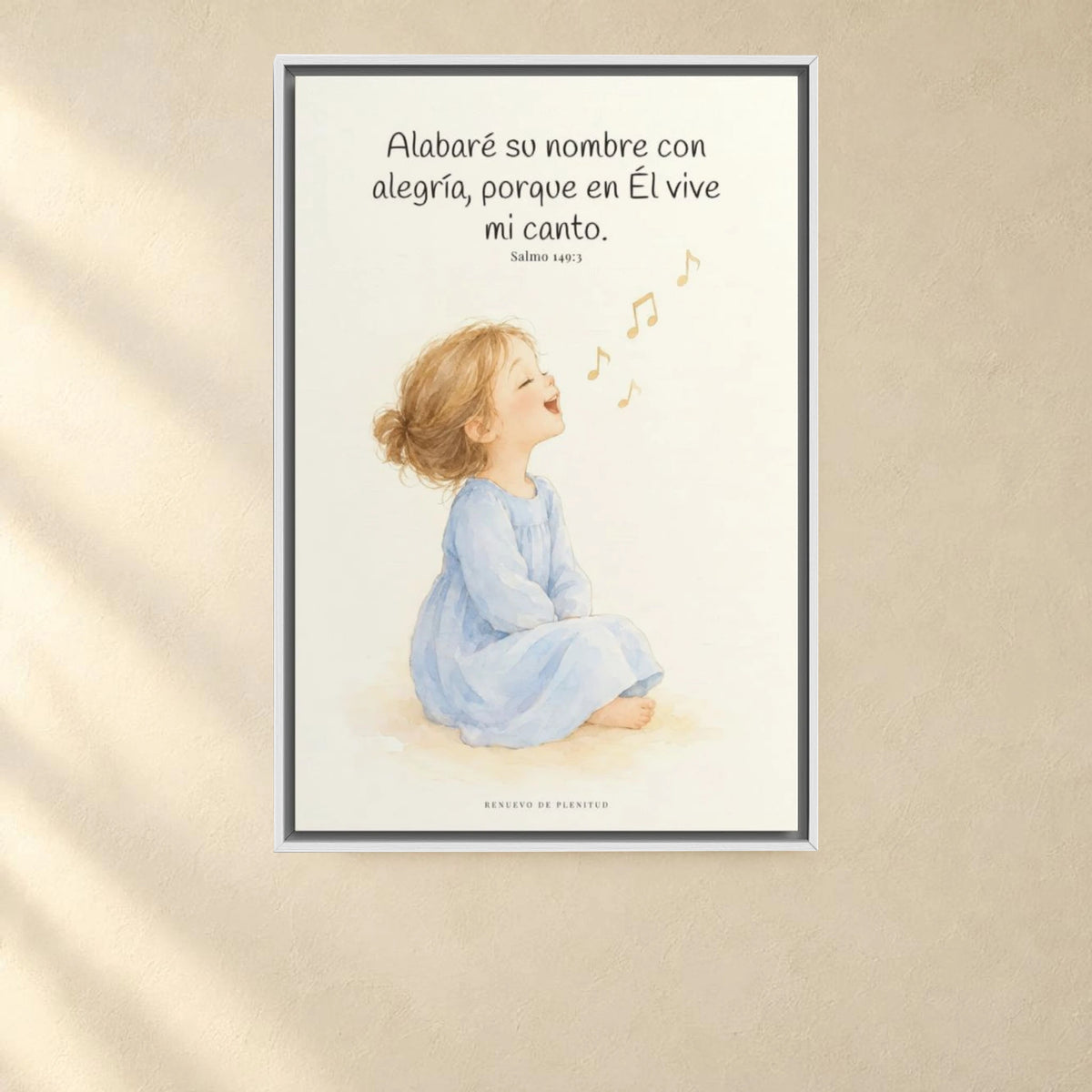 Alabaré su nombre con alegría | Arte cristiano enmarcado | Salmo 149:3 — 24×36 pulgadas, marco blanco, vista frontal ambiental, escala física calibrada
