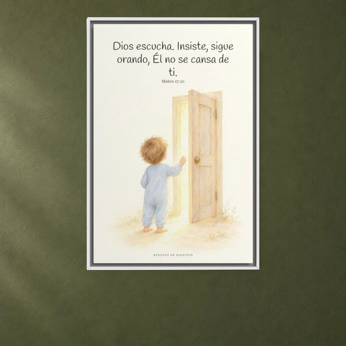 Dios escucha cada oración que le traigo | Cuadro de fe enmarcado | Mateo 17:20 — 24×36 pulgadas, marco blanco, vista frontal ambiental, escala física calibrada