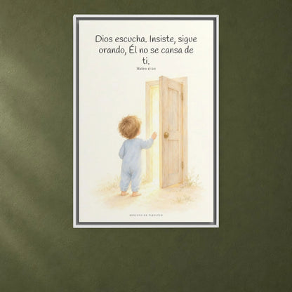 Dios escucha cada oración que le traigo | Cuadro de fe enmarcado | Mateo 17:20 — 24×36 pulgadas, marco blanco, vista frontal ambiental, escala física calibrada