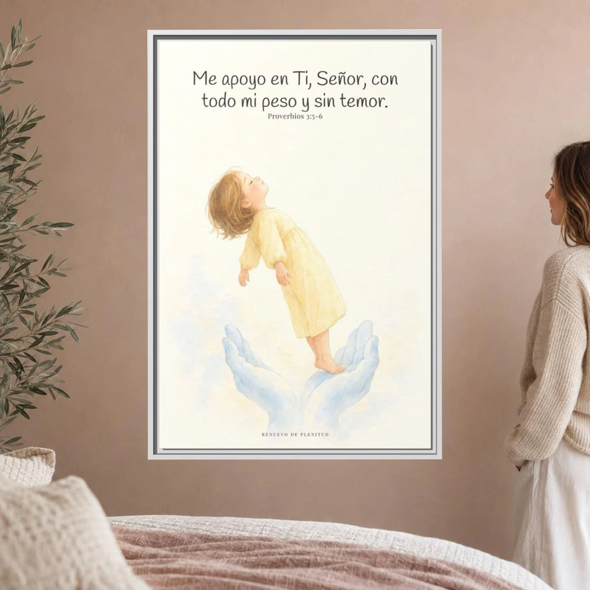 En Jehová confío de todo corazón — Lienzo Cristiano Enmarcado | Proverbios 3:5-6 — 24×36 pulgadas, marco blanco, vista frontal ambiental, escala física calibrada