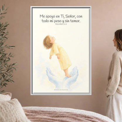 En Jehová confío de todo corazón — Lienzo Cristiano Enmarcado | Proverbios 3:5-6 — 24×36 pulgadas, marco blanco, vista frontal ambiental, escala física calibrada