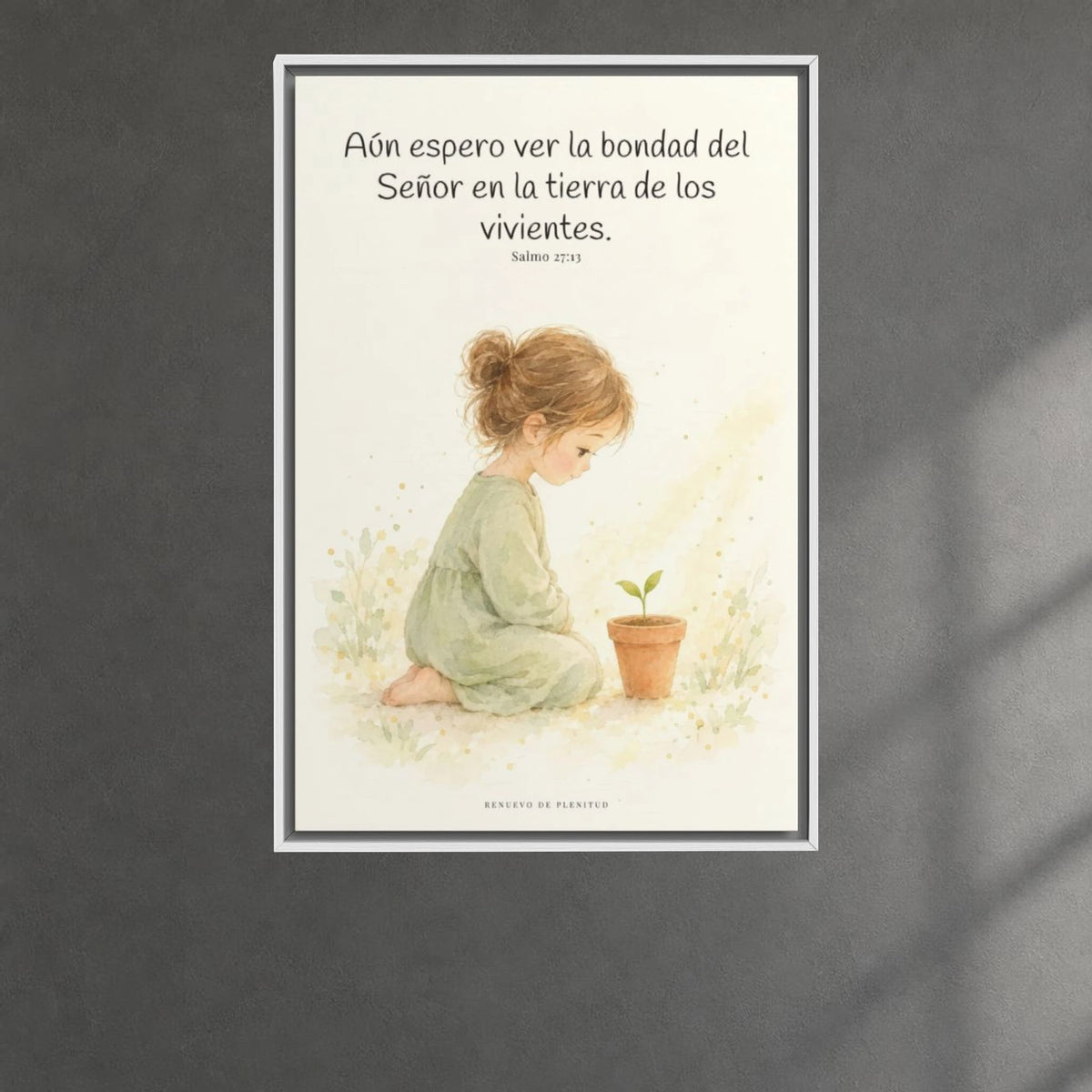 El Señor es bueno y yo veré su bondad | Cuadro bíblico para el hogar | Salmo 27:13 — 24×36 pulgadas, marco blanco, vista frontal ambiental, escala física calibrada