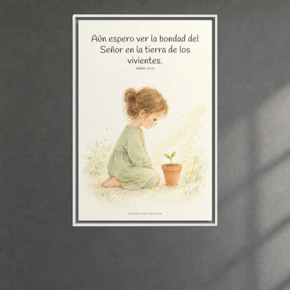 El Señor es bueno y yo veré su bondad | Cuadro bíblico para el hogar | Salmo 27:13 — 24×36 pulgadas, marco blanco, vista frontal ambiental, escala física calibrada