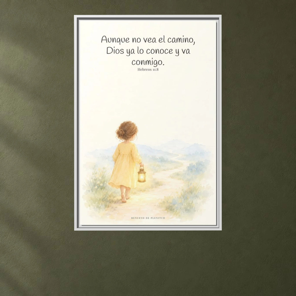 Dios va conmigo aunque no vea el camino — Lienzo Cristiano Enmarcado | Hebreos 11:8 — 24×36 pulgadas, marco blanco, vista frontal ambiental, escala física calibrada