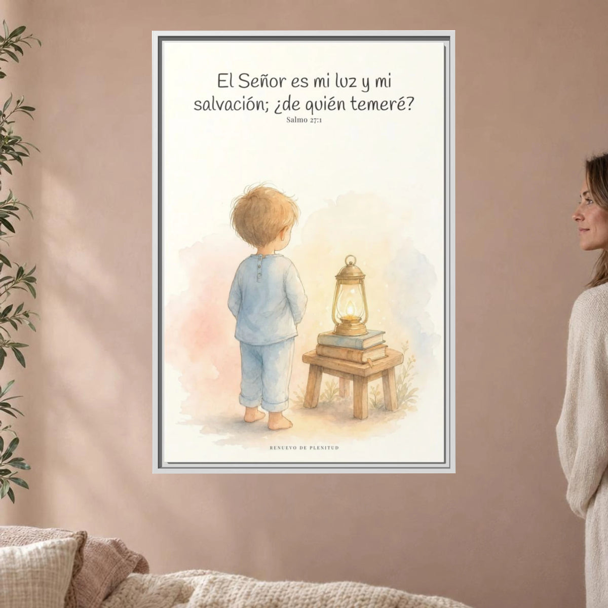Jehová es mi luz y mi salvación — Lienzo Cristiano Enmarcado | Salmo 27:1 — 24×36 pulgadas, marco blanco, vista frontal ambiental, escala física calibrada