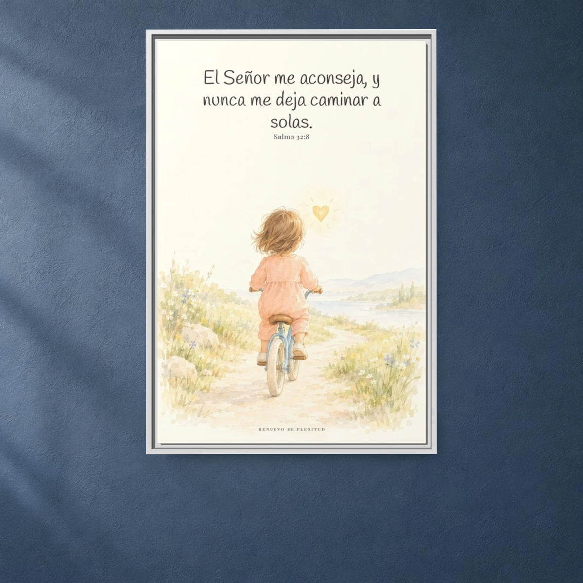 El Señor me aconseja con amor | Cuadro de fe enmarcado | Salmo 32:8 — 24×36 pulgadas, marco blanco, vista frontal ambiental, escala física calibrada