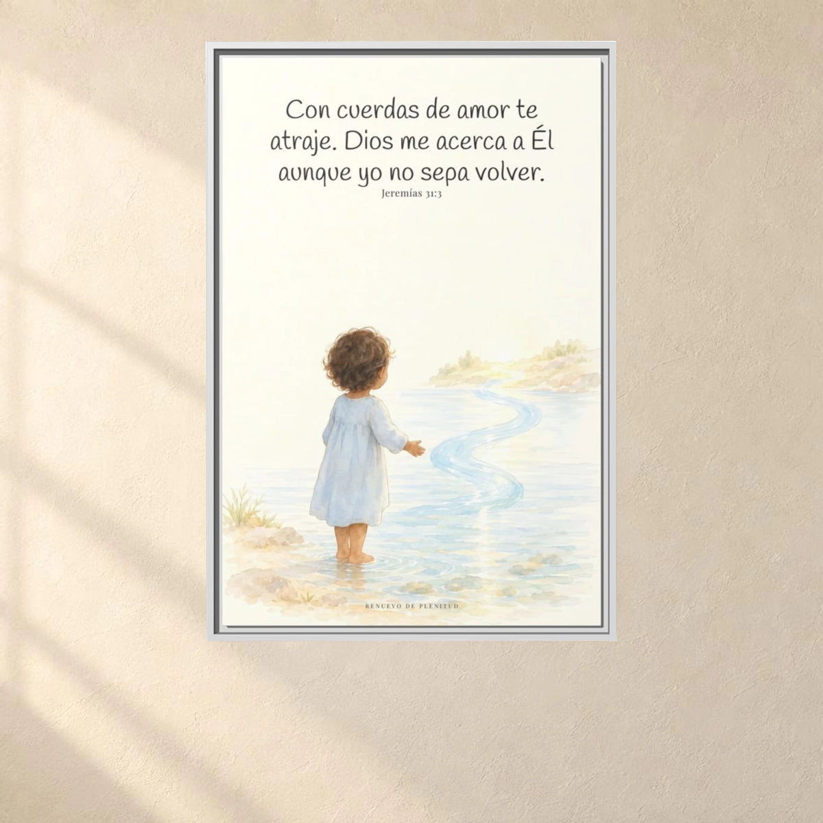Con cuerdas de amor te atraje — Lienzo Cristiano Enmarcado | Jeremías 31:3 — 24×36 pulgadas, marco blanco, vista frontal ambiental, escala física calibrada