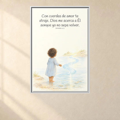 Con cuerdas de amor te atraje — Lienzo Cristiano Enmarcado | Jeremías 31:3 — 24×36 pulgadas, marco blanco, vista frontal ambiental, escala física calibrada