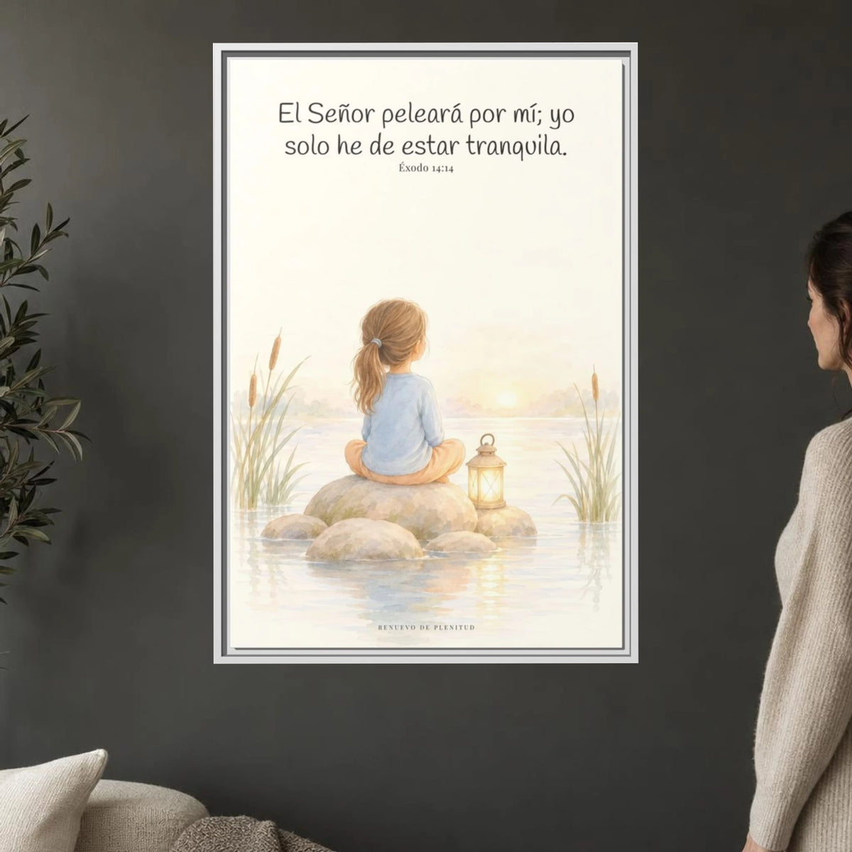 Jehová peleará por mí — Lienzo Cristiano Enmarcado | Éxodo 14:14 — 24×36 pulgadas, marco blanco, vista frontal ambiental, escala física calibrada