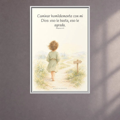 Caminar con Dios es suficiente — Lienzo Cristiano Enmarcado | Miqueas 6:8 — 24×36 pulgadas, marco blanco, vista frontal ambiental, escala física calibrada