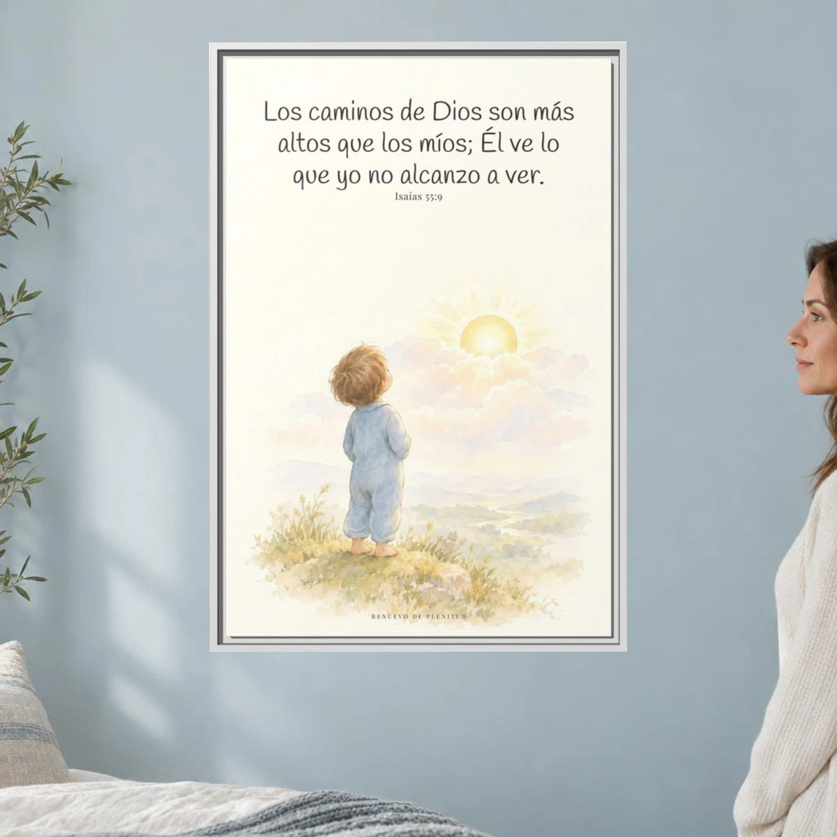 Los pensamientos de Dios son más altos que los míos — Lienzo Cristiano Enmarcado | Isaías 55:9 — 24×36 pulgadas, marco blanco, vista frontal ambiental, escala física calibrada