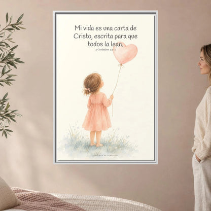 Mi vida es una carta de Cristo — Lienzo Cristiano Enmarcado | 2 Corintios 3:2-3 — 24×36 pulgadas, marco blanco, vista frontal ambiental, escala física calibrada