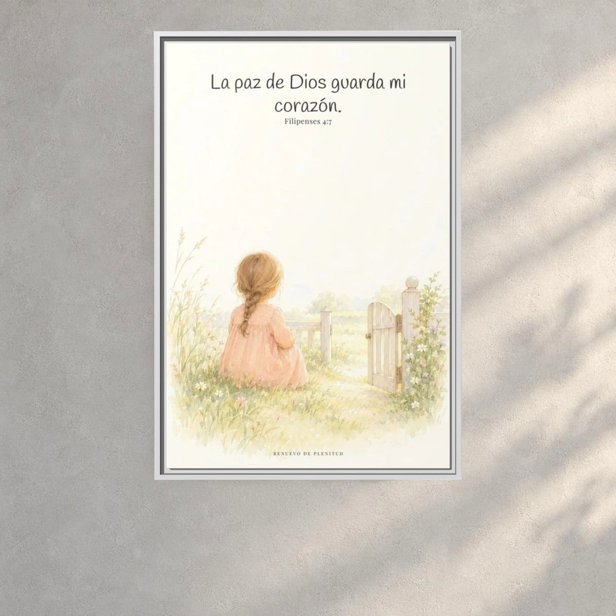 La paz de Dios guardará mi corazón — Lienzo Cristiano Enmarcado | Filipenses 4:7 — 24×36 pulgadas, marco blanco, vista frontal ambiental, escala física calibrada
