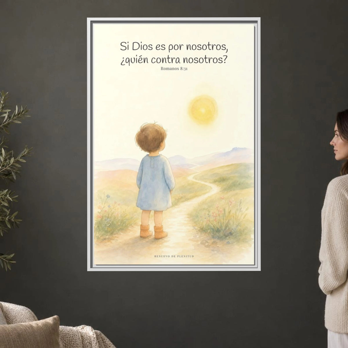 Si Dios es por nosotros, ¿quién contra nosotros? — Lienzo Cristiano Enmarcado | Romanos 8:31 — 24×36 pulgadas, marco blanco, vista frontal ambiental, escala física calibrada