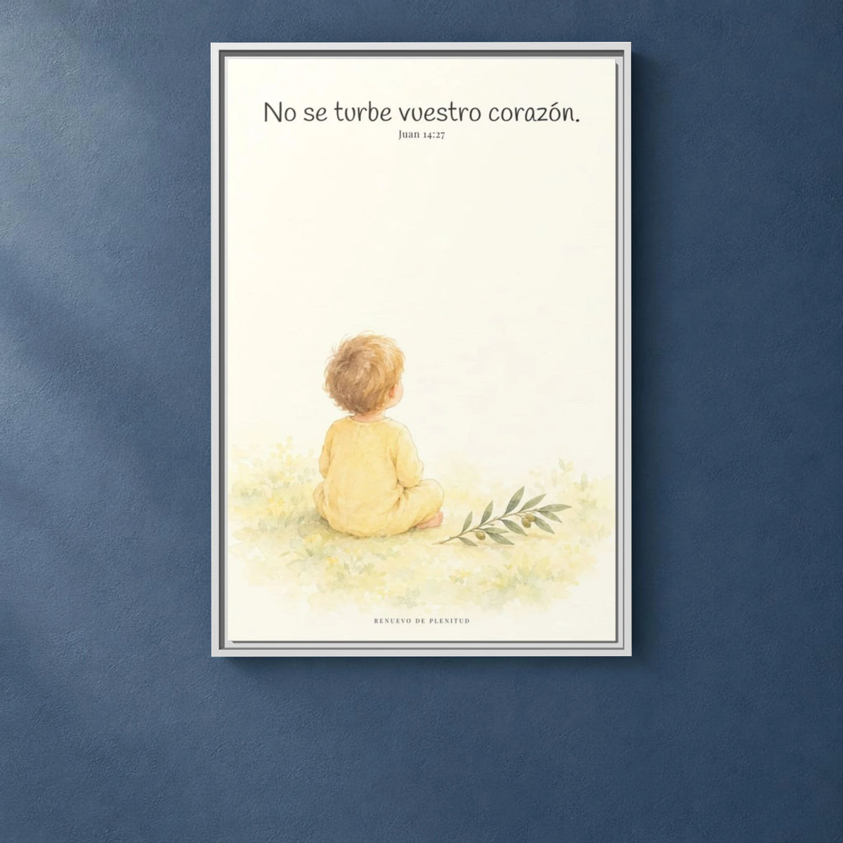 No se turbe vuestro corazón — Lienzo Cristiano Enmarcado | Juan 14:27 — 24×36 pulgadas, marco blanco, vista frontal ambiental, escala física calibrada
