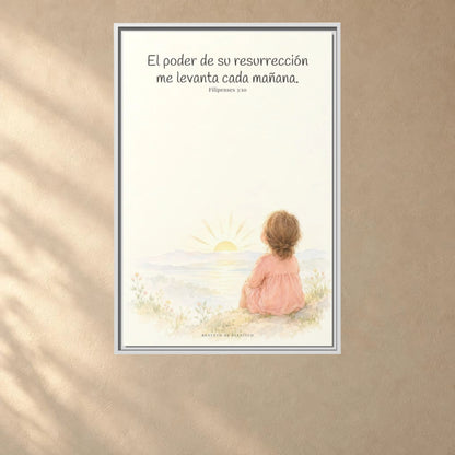 El poder de su resurrección me levanta — Lienzo Cristiano Enmarcado | Filipenses 3:10 — 24×36 pulgadas, marco blanco, vista frontal ambiental, escala física calibrada