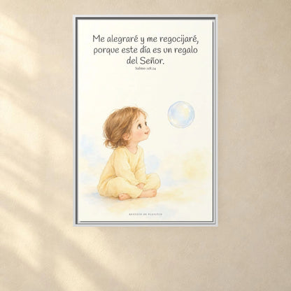 En este día me regocijaré en el Señor — Lienzo Cristiano Enmarcado | Salmo 118:24 — 24×36 pulgadas, marco blanco, vista frontal ambiental, escala física calibrada