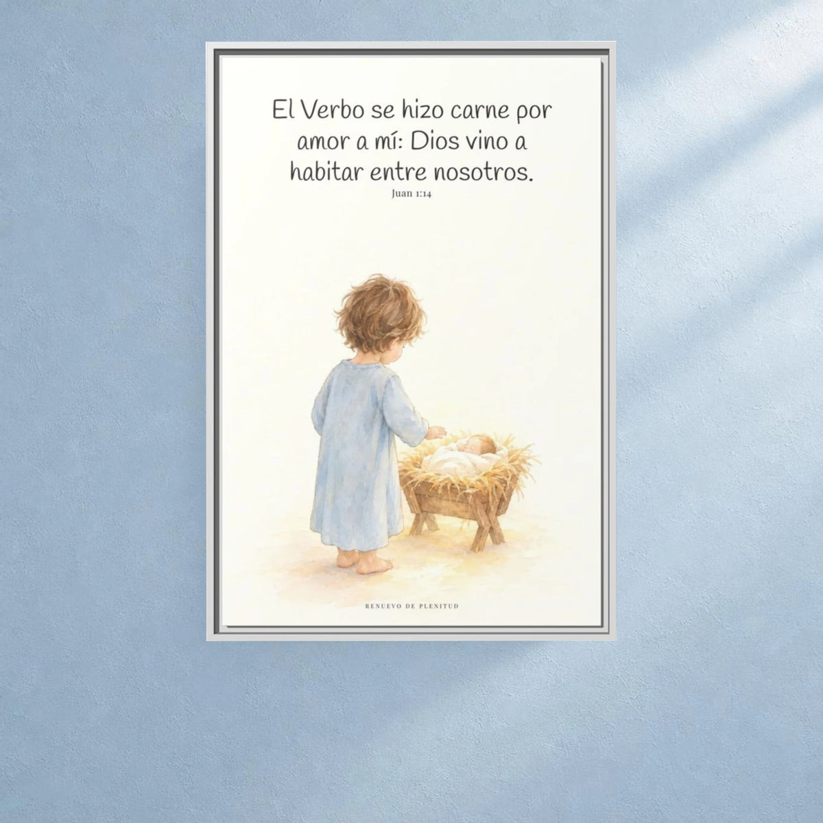 El Verbo se hizo carne por amor a mí — Lienzo Cristiano Enmarcado | Juan 1:14 — 24×36 pulgadas, marco blanco, vista frontal ambiental, escala física calibrada