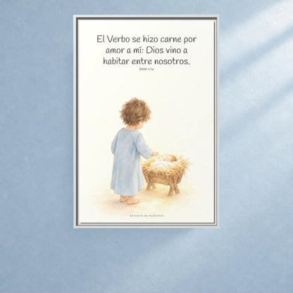 El Verbo se hizo carne por amor a mí — Lienzo Cristiano Enmarcado | Juan 1:14 — 24×36 pulgadas, marco blanco, vista frontal ambiental, escala física calibrada