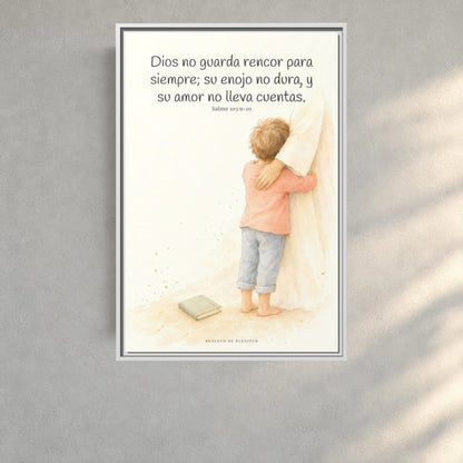 Dios no nos guarda rencor para siempre — Lienzo Cristiano Enmarcado | Salmo 103:9-10 — 24×36 pulgadas, marco blanco, vista frontal ambiental, escala física calibrada