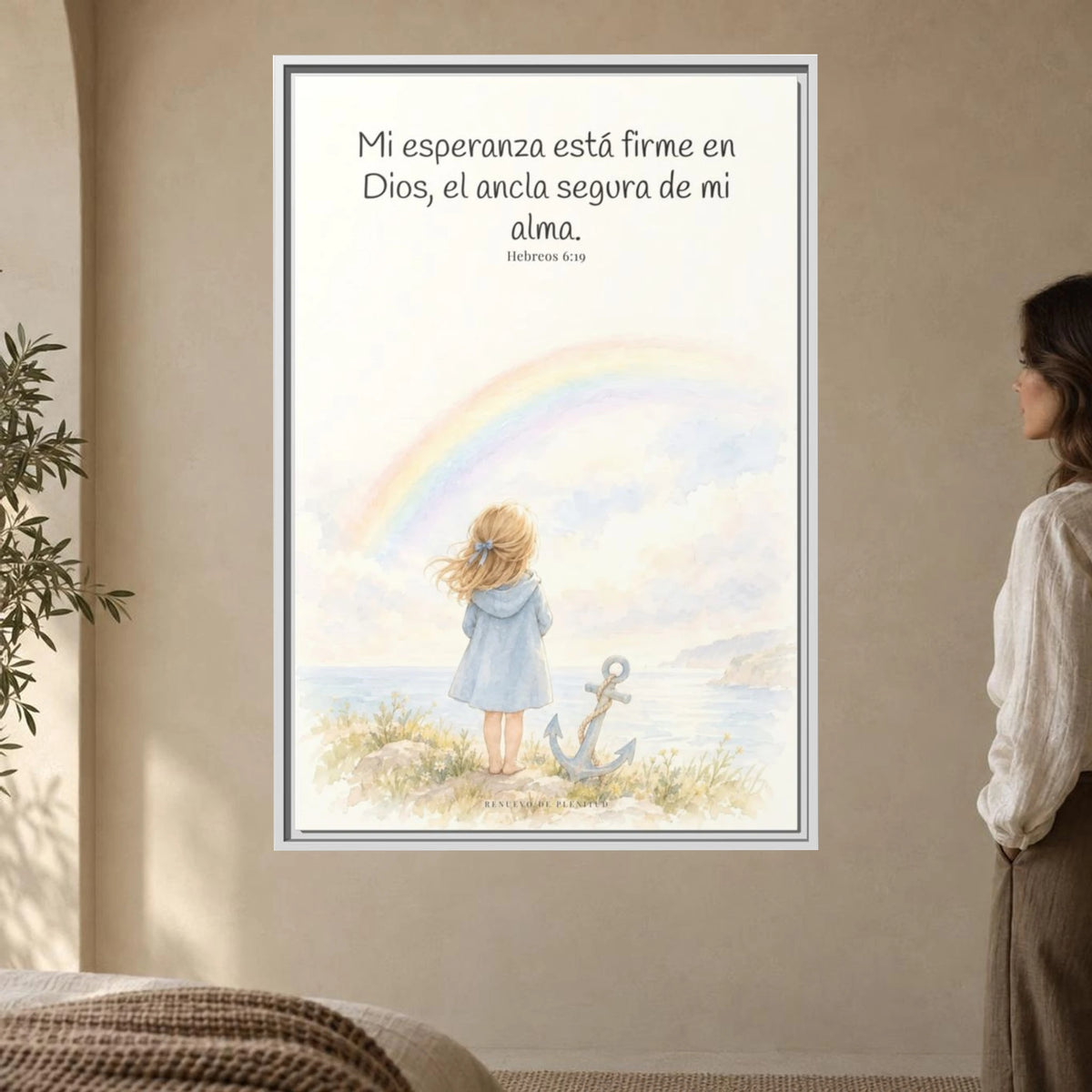 Mi esperanza está firme en Dios — Lienzo Cristiano Enmarcado | Hebreos 6:19 — 24×36 pulgadas, marco blanco, vista frontal ambiental, escala física calibrada
