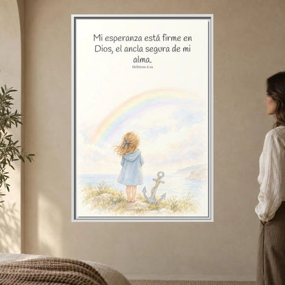 Mi esperanza está firme en Dios — Lienzo Cristiano Enmarcado | Hebreos 6:19 — 24×36 pulgadas, marco blanco, vista frontal ambiental, escala física calibrada
