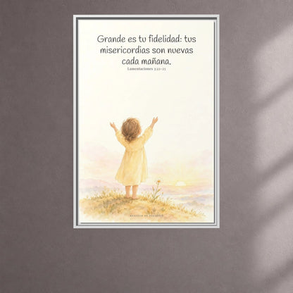 Grande es tu fidelidad, oh Dios — Lienzo Cristiano Enmarcado | Lamentaciones 3:22-23 — 24×36 pulgadas, marco blanco, vista frontal ambiental, escala física calibrada