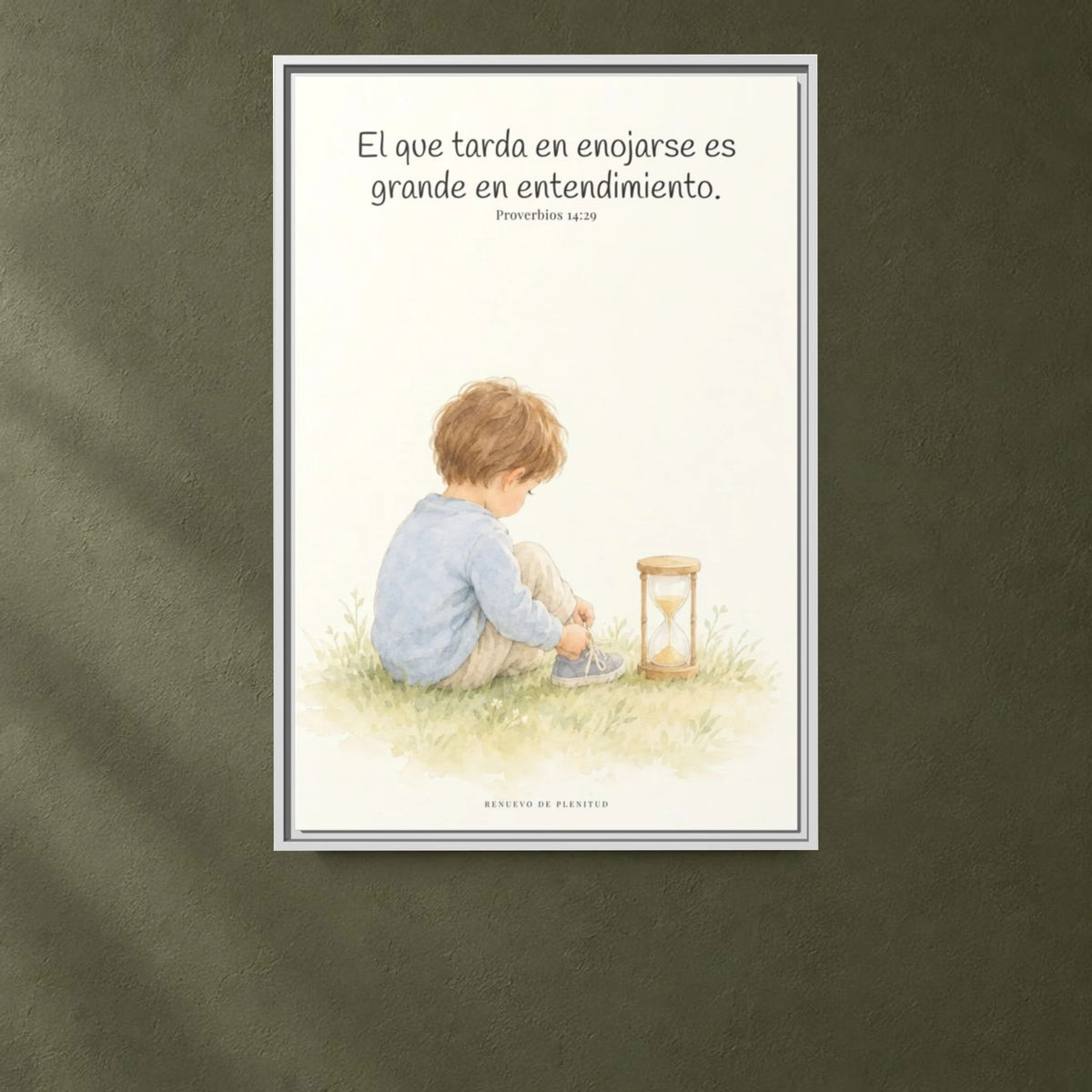 El que es lento para la ira es grande en entendimiento — Lienzo Cristiano Enmarcado | Proverbios 14:29 — 24×36 pulgadas, marco blanco, vista frontal ambiental, escala física calibrada