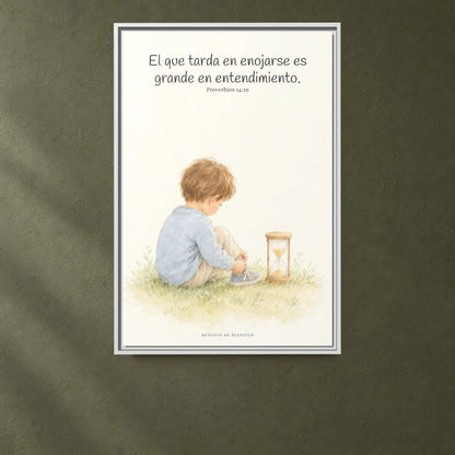 El que es lento para la ira es grande en entendimiento — Lienzo Cristiano Enmarcado | Proverbios 14:29 — 24×36 pulgadas, marco blanco, vista frontal ambiental, escala física calibrada