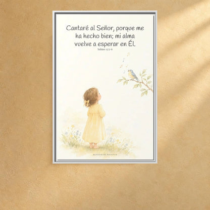 Cantaré a Jehová porque me ha hecho bien — Lienzo Cristiano Enmarcado | Salmo 13:5-6 — 24×36 pulgadas, marco blanco, vista frontal ambiental, escala física calibrada
