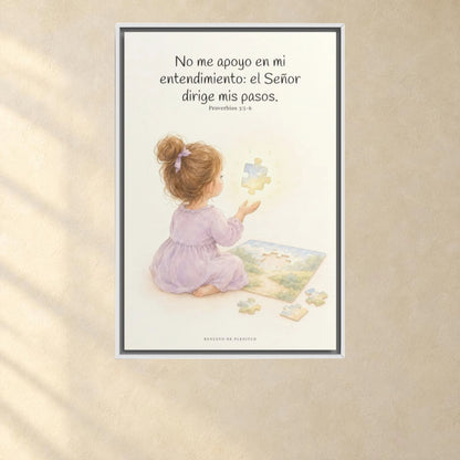 El Señor dirige mis pasos | Decoración cristiana enmarcada | Proverbios 3:5-6 — 24×36 pulgadas, marco blanco, vista frontal ambiental, escala física calibrada