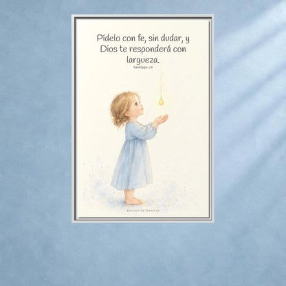 Dios dará sin dudar al que pide con fe — Lienzo Cristiano Enmarcado | Santiago 1:6 — 24×36 pulgadas, marco blanco, vista frontal ambiental, escala física calibrada