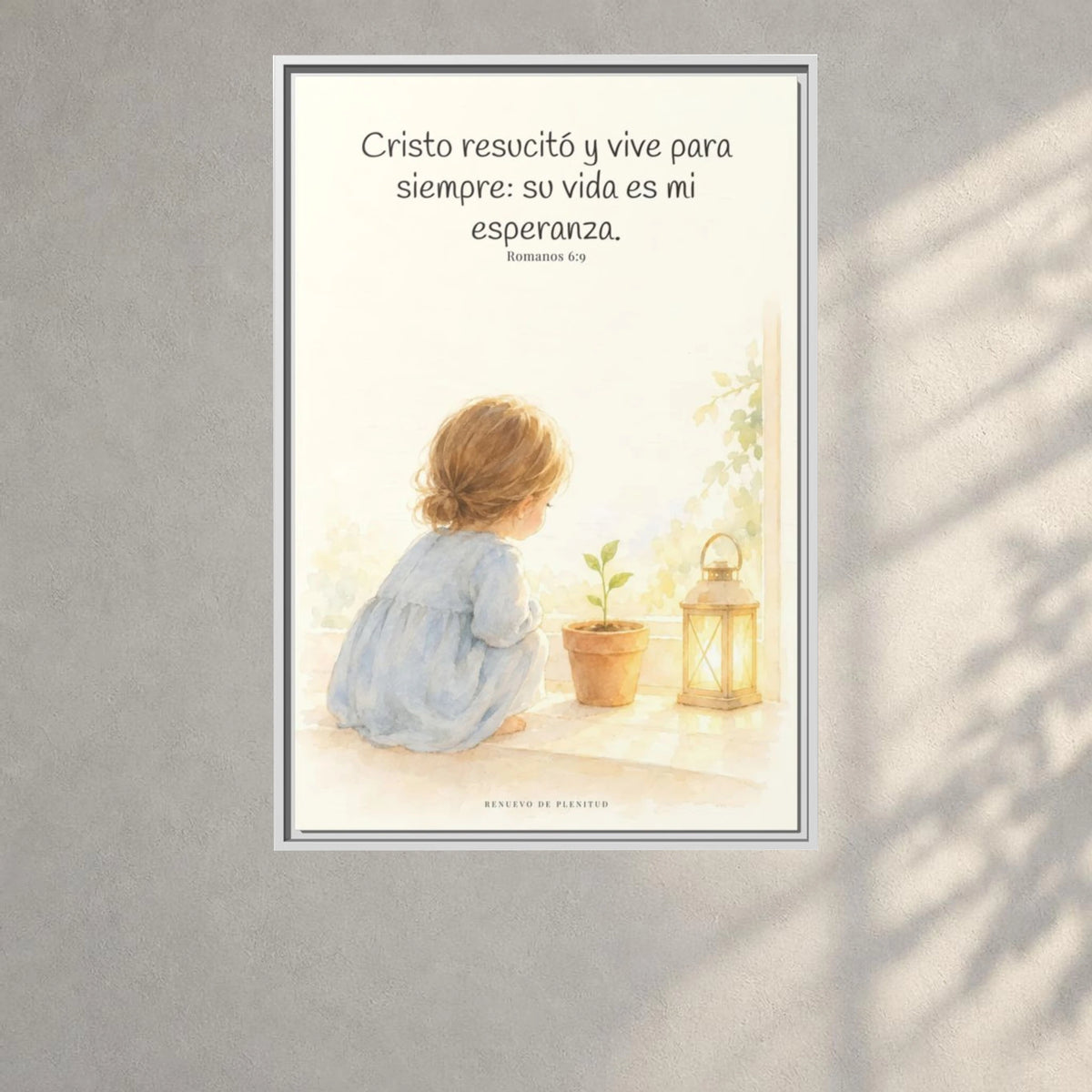Cristo vive para siempre y nunca más muere — Lienzo Cristiano Enmarcado | Romanos 6:9 — 24×36 pulgadas, marco blanco, vista frontal ambiental, escala física calibrada