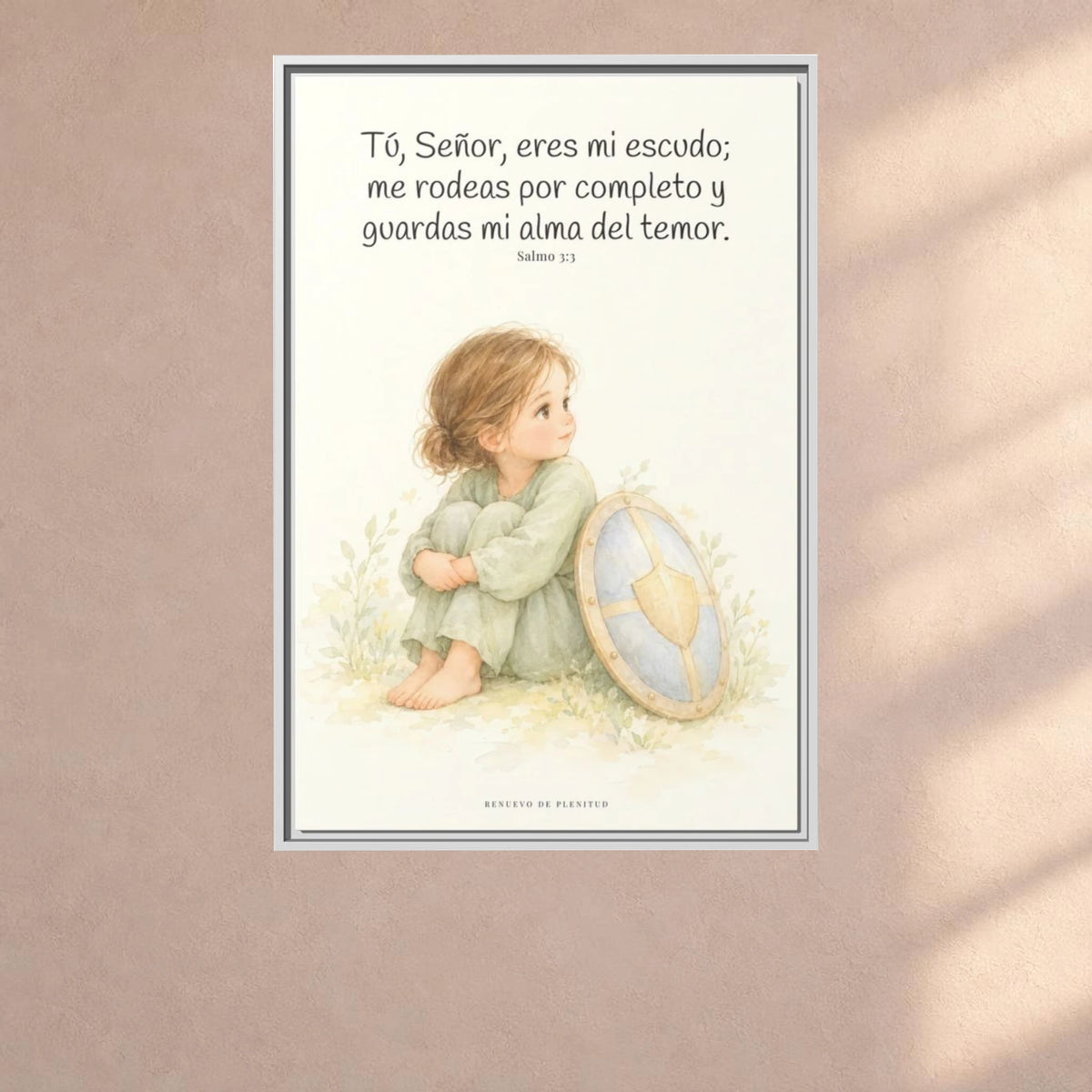 Dios es mi escudo alrededor — Lienzo Cristiano Enmarcado | Salmo 3:3 — 24×36 pulgadas, marco blanco, vista frontal ambiental, escala física calibrada
