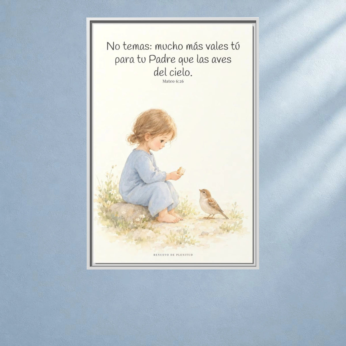 Mucho más valéis vosotros que las aves — Lienzo Cristiano Enmarcado | Mateo 6:26 — 24×36 pulgadas, marco blanco, vista frontal ambiental, escala física calibrada