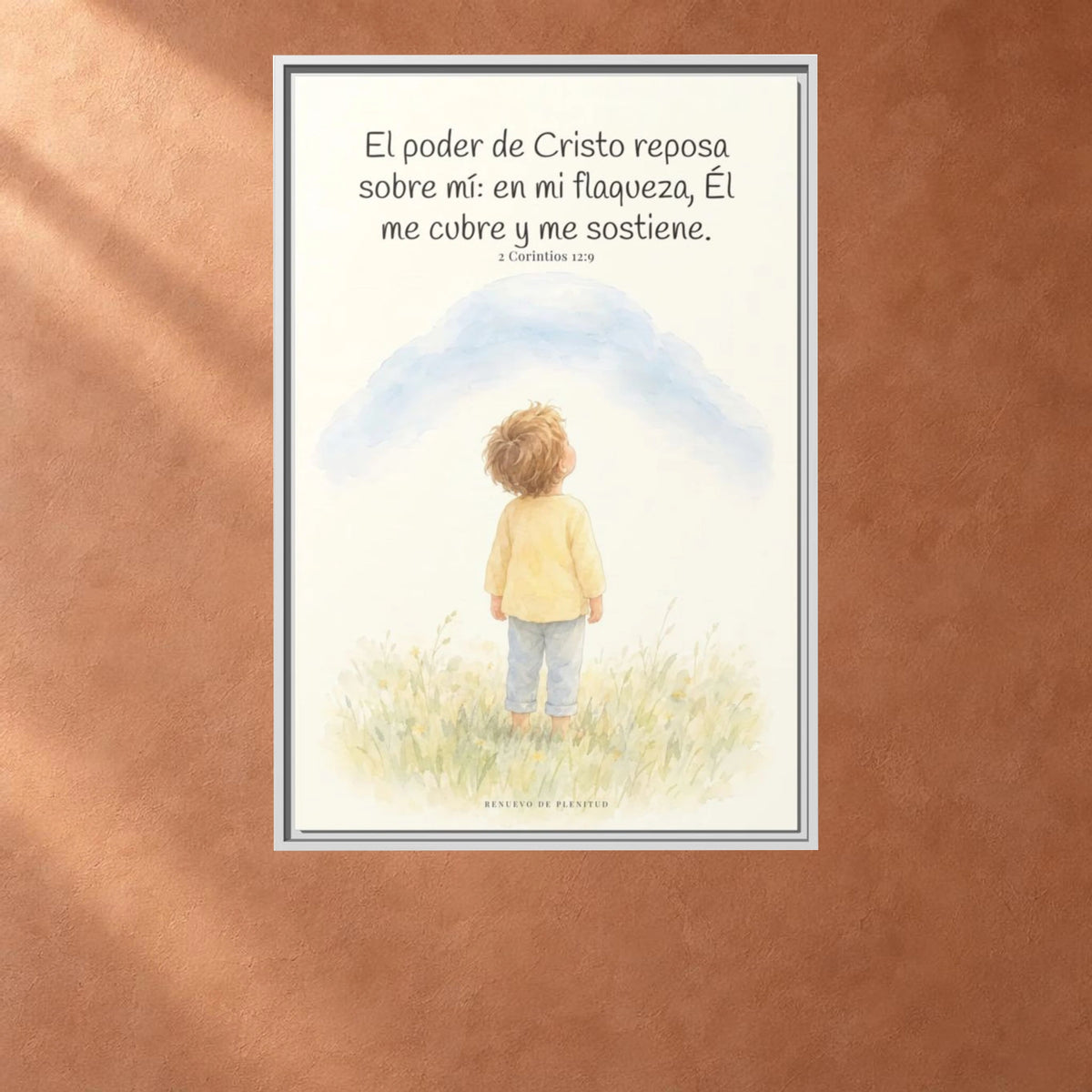 El poder de Cristo descansa sobre mí | Cuadro bíblico para el hogar | 2 Corintios 12:9 — 24×36 pulgadas, marco blanco, vista frontal ambiental, escala física calibrada