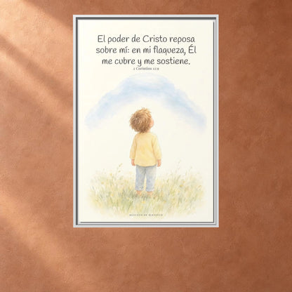 El poder de Cristo descansa sobre mí | Cuadro bíblico para el hogar | 2 Corintios 12:9 — 24×36 pulgadas, marco blanco, vista frontal ambiental, escala física calibrada
