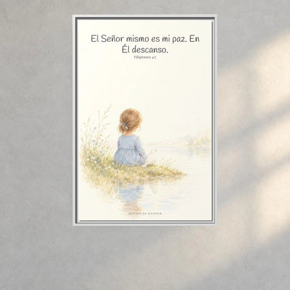 El Señor mismo es mi paz — Lienzo Cristiano Enmarcado | Filipenses 4:7 — 24×36 pulgadas, marco blanco, vista frontal ambiental, escala física calibrada