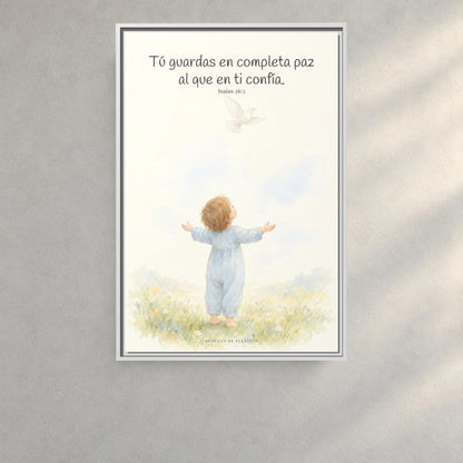 Tú guardas en paz al que confía en ti — Lienzo Cristiano Enmarcado | Isaías 26:3 — 24×36 pulgadas, marco blanco, vista frontal ambiental, escala física calibrada