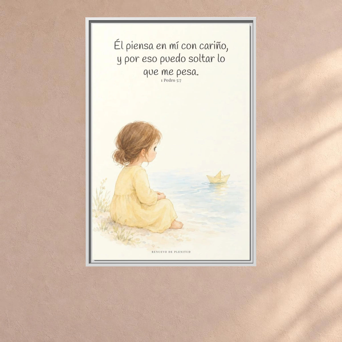 Echa Toda Tu Ansiedad Sobre Dios — Lienzo Cristiano Enmarcado | 1 Pedro 5:7 — 24×36 pulgadas, marco blanco, vista frontal ambiental, escala física calibrada