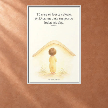 Tú eres mi fuerte refugio, oh Dios — Lienzo Cristiano Enmarcado | Salmo 71:5 — 24×36 pulgadas, marco blanco, vista frontal ambiental, escala física calibrada