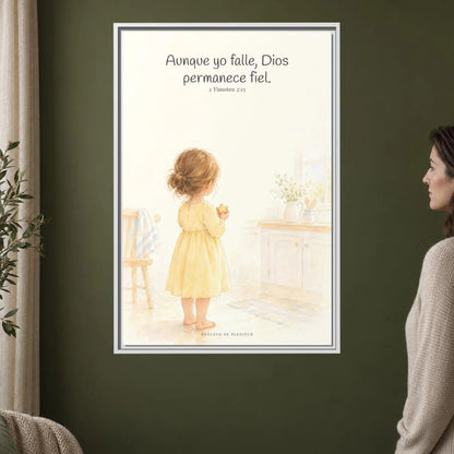 Dios permanece fiel — Lienzo Cristiano Enmarcado | 2 Timoteo 2:13 — 24×36 pulgadas, marco blanco, vista frontal ambiental, escala física calibrada